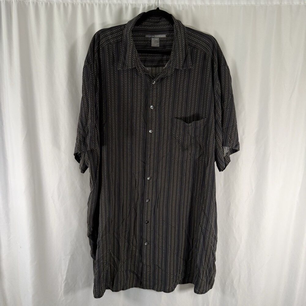 George Foreman 100% Silk Button Up Shirt Men's 3XT Black Short Sleeve Collared